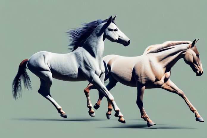A mustang horse galloping in the african savanna