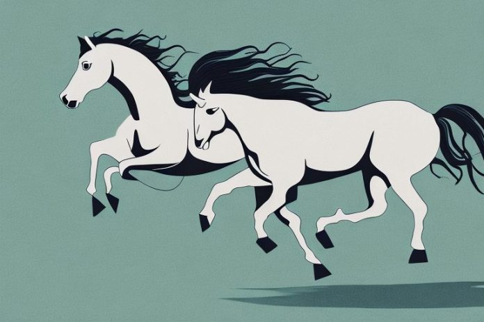 A mustang horse galloping through a rural landscape