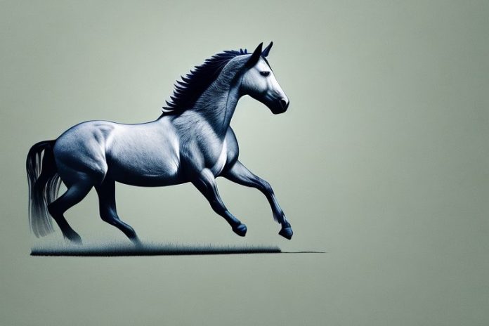 A mustang horse galloping through a landscape of louis trichardt