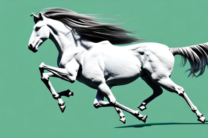 A majestic mustang horse galloping through a grassy field in bela-bela