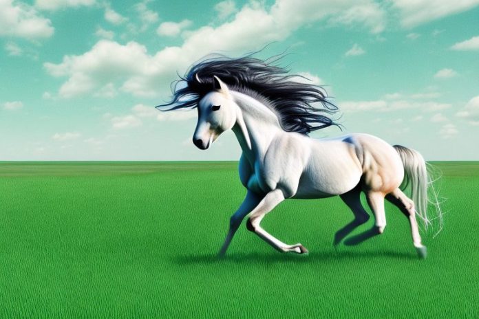 A mustang horse galloping through a grassy landscape in mpumalanga
