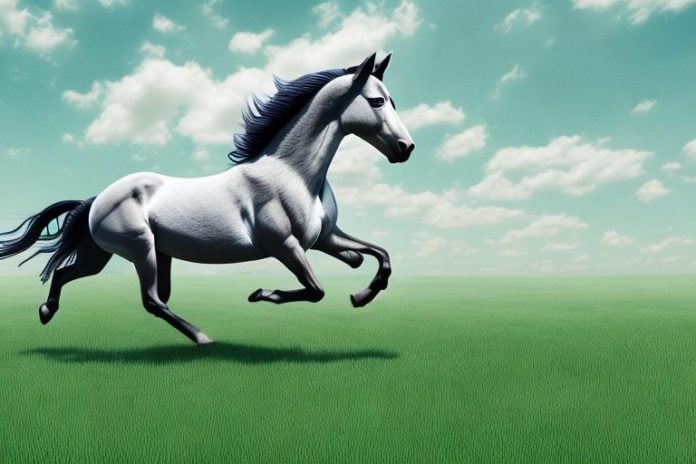 A mustang horse running in a grassy field in witbank