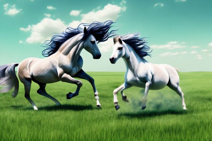 A wild mustang horse running free in a grassy field in secunda