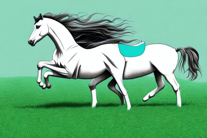 A mustang horse galloping through a grassy field in ermelo