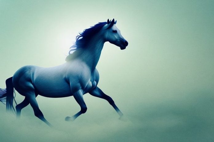 A majestic mustang horse galloping through a hazy landscape