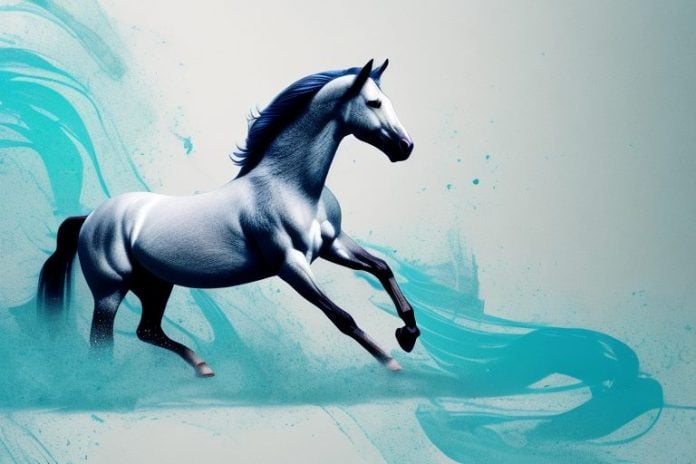 A majestic mustang horse galloping through a white river
