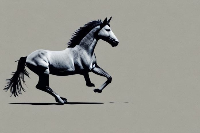 A mustang horse galloping through the desert landscape of upington