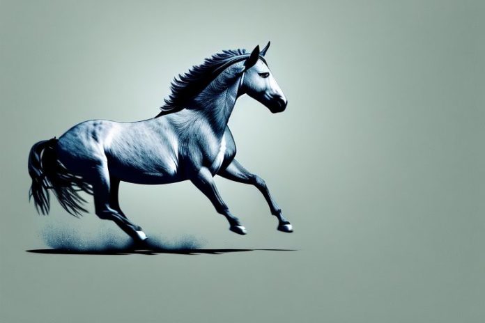A wild mustang horse running through the landscape of kuruman