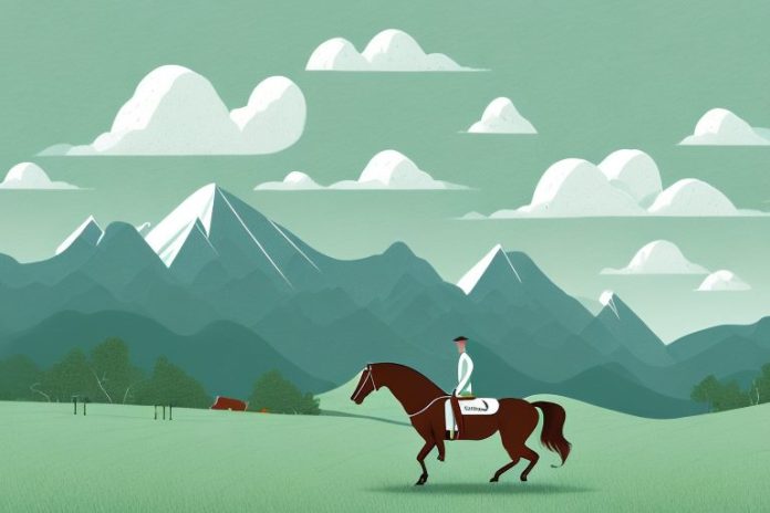 A horse and rider in a scenic landscape of rolling hills and mountains