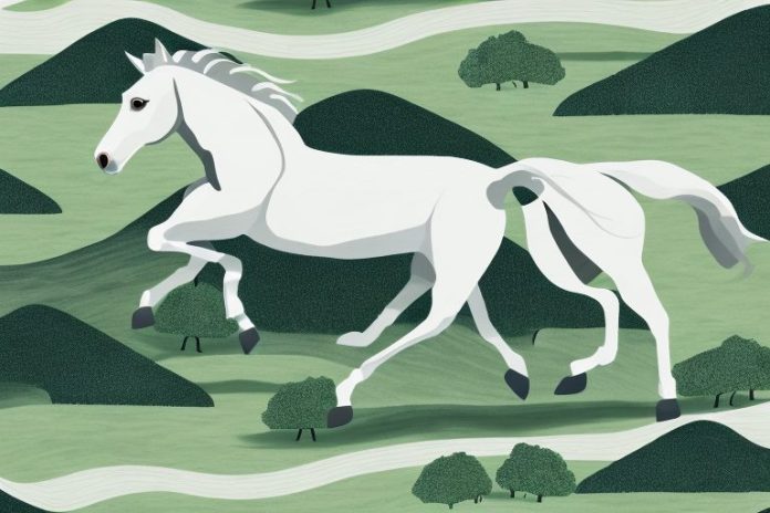 A mustang horse galloping through a landscape of rolling hills and trees in hartswater
