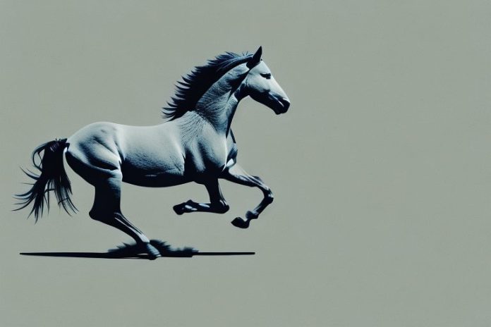 A wild mustang horse galloping through a desert landscape