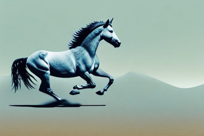 A wild mustang horse galloping in a desert landscape