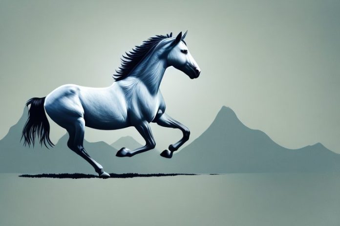 A wild mustang horse galloping through a scenic landscape in the north west
