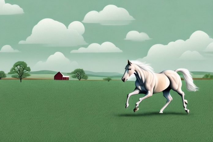 A horse galloping through a rural landscape in rustenburg