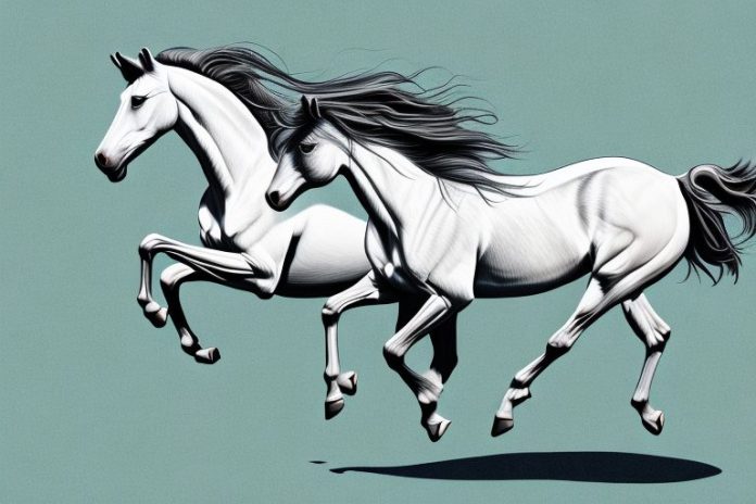 A majestic mustang horse galloping in a rural landscape