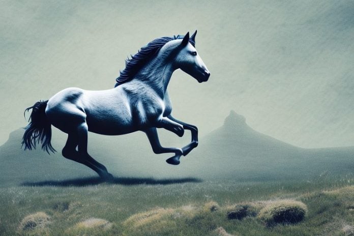 A wild mustang horse galloping through a rugged orkney landscape