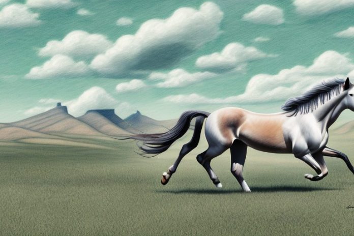A mustang horse galloping through a rural landscape in george