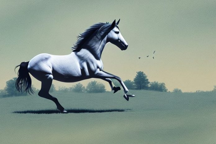 A mustang horse galloping through a rural landscape in worcester
