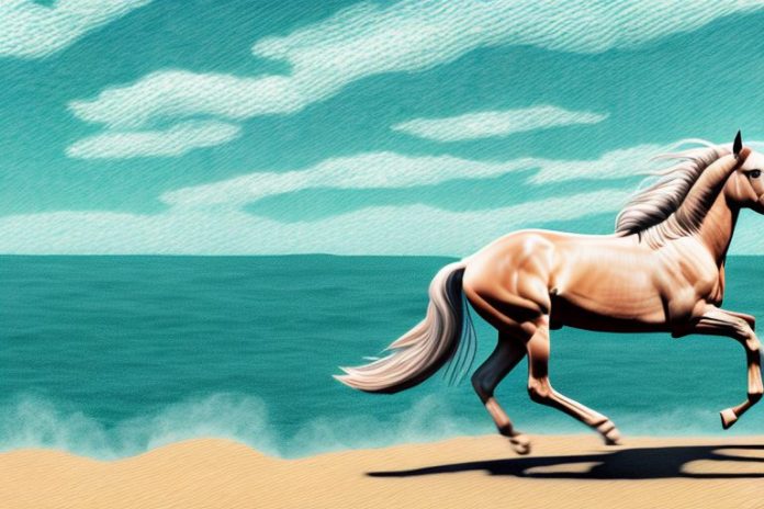 A mustang horse galloping through a beach landscape in mossel bay