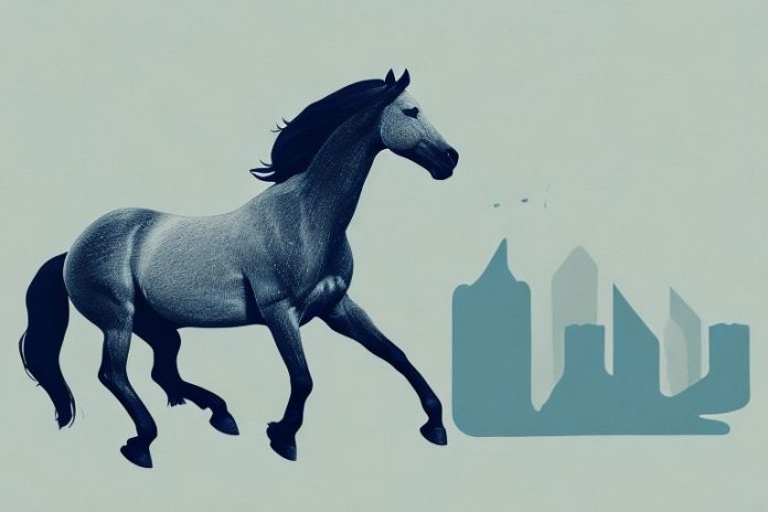 A brumby horse galloping through a newcastle landscape
