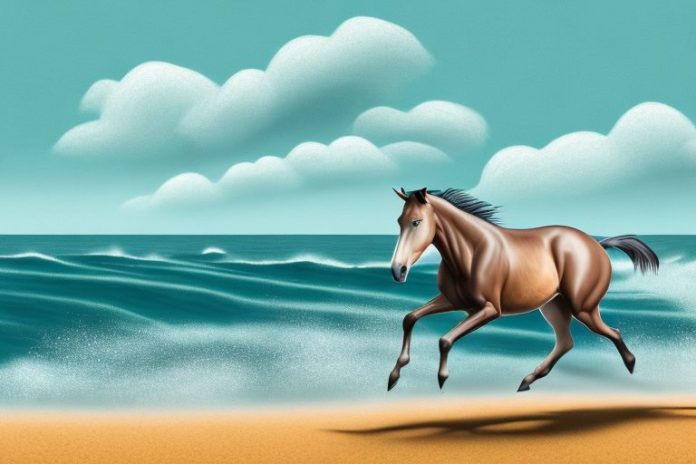 A brumby horse galloping through the beach landscape of amanzimtoti