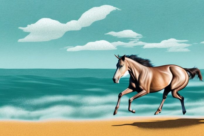A brumby horse galloping through a beach landscape in port shepstone