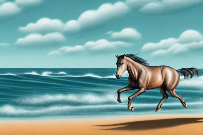 A brumby horse galloping through a beach landscape in ballito