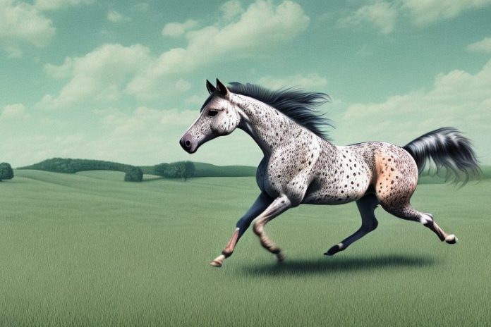 An appaloosa horse galloping through a rural landscape in ficksburg