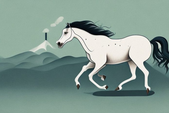 A brumby horse galloping through a rural landscape