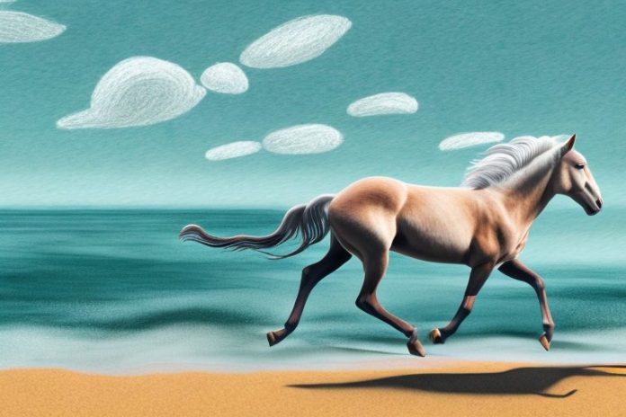 A brumby horse galloping along a beach in port alfred