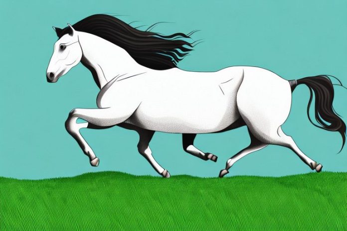 A brumby horse galloping through a grassy landscape