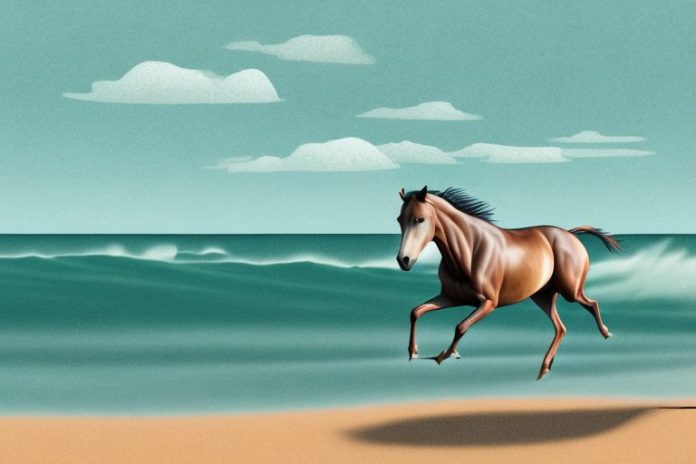 A brumby horse galloping through the beach landscape of jeffreys bay