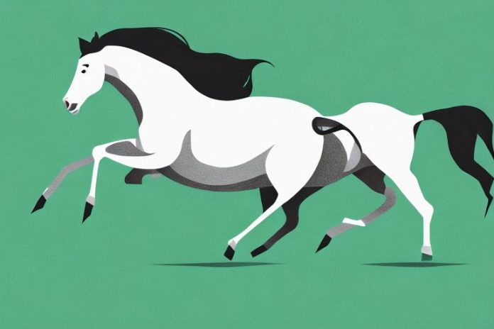 A brumby horse galloping across a grassy landscape