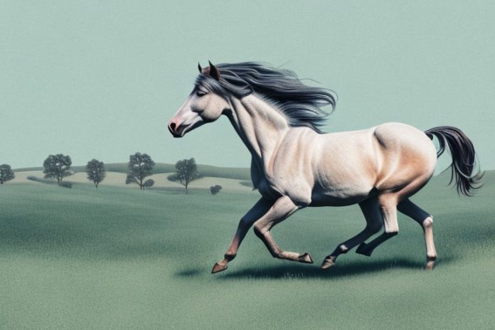 A brumby horse galloping through the countryside near parys