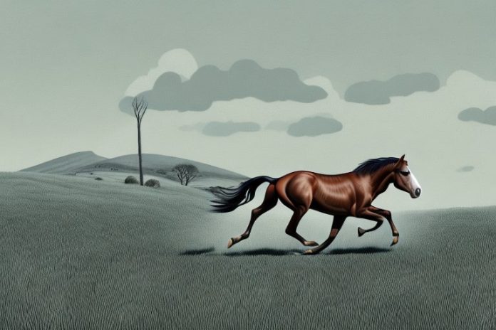 A brumby horse galloping through a rural landscape near harrismith