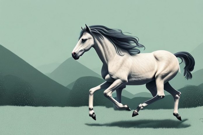 A brumby horse galloping through a scenic landscape in ficksburg