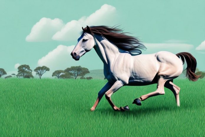 A brumby horse galloping through a grassy landscape in pretoria