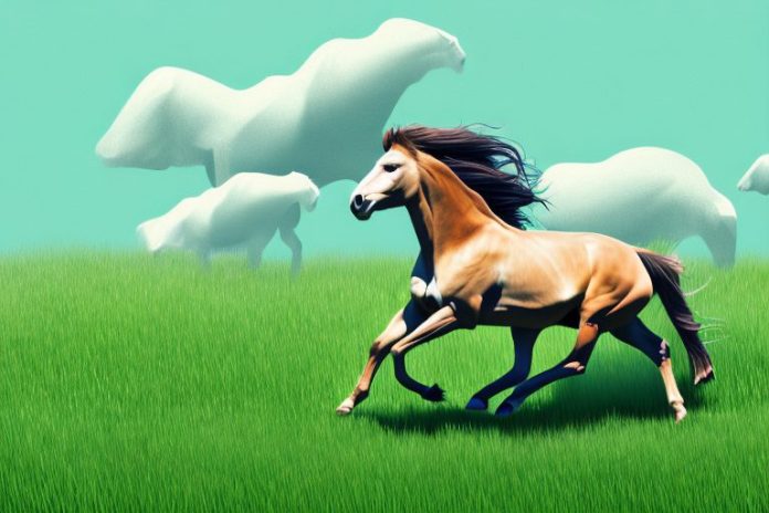 A wild brumby horse running through a grassy landscape