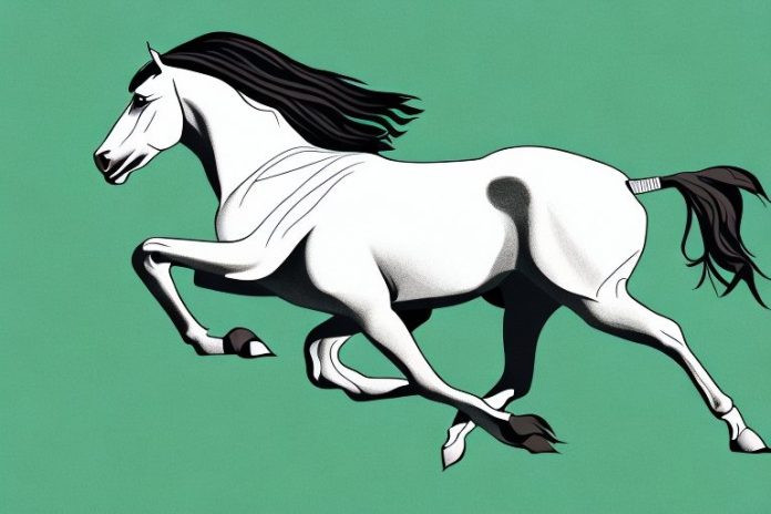 A brumby horse galloping across a grassy field in kempton park