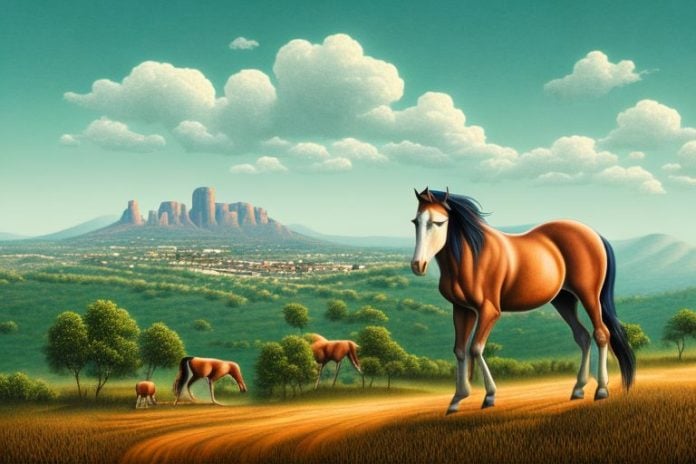 A brumby horse in a rural landscape with a view of thohoyandou in the background