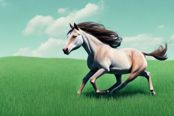 A brumby horse running through a grassy landscape in mokopane