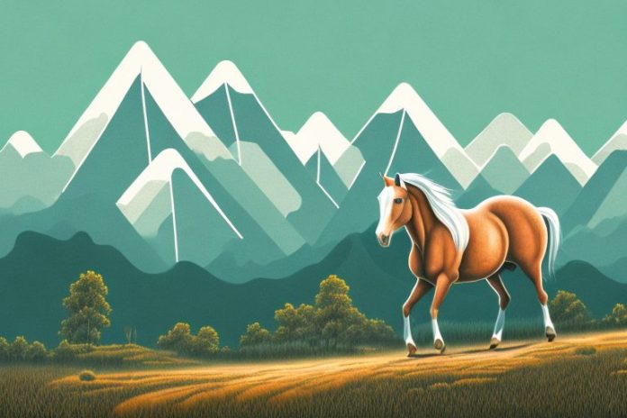 A brumby horse in a rural landscape with a backdrop of mountains