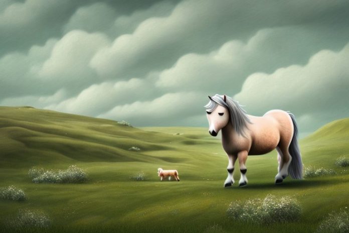 A shetland pony in a rural landscape