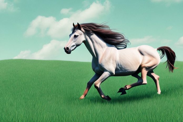 A brumby horse galloping through a grassy landscape in ermelo