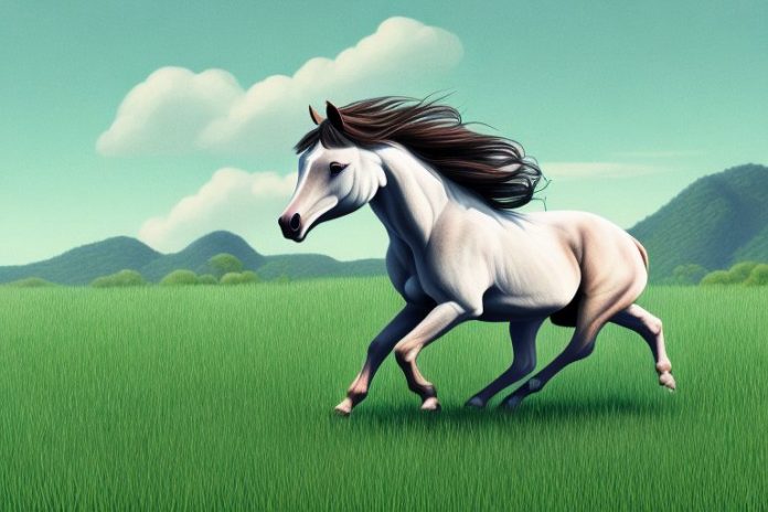 A brumby horse running through a grassy landscape in barberton