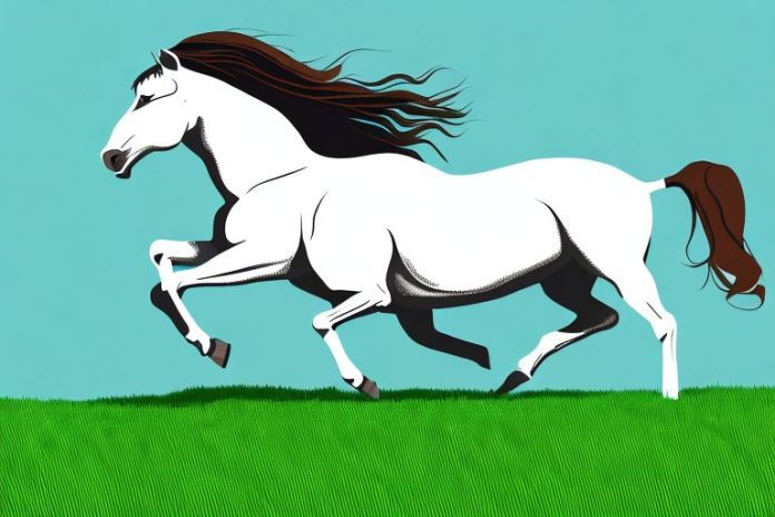 A brumby horse galloping through a grassy field
