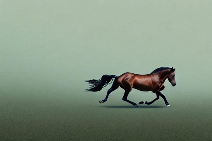 A brumby horse galloping through a hazy landscape