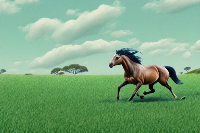 A brumby horse galloping through a grassy landscape in lydenburg