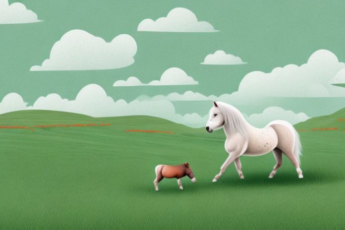 A shetland pony being ridden in a rural landscape