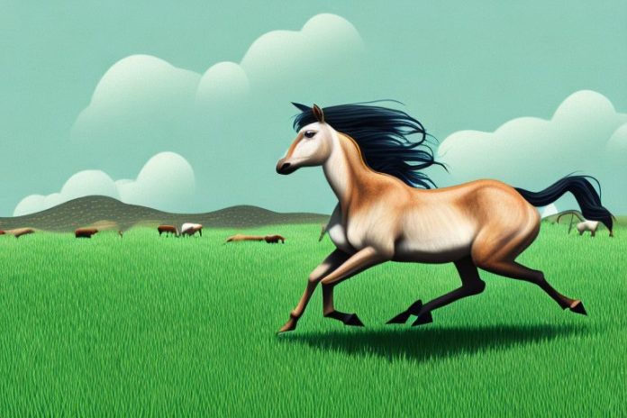 A brumby horse running through a grassy landscape in springbok